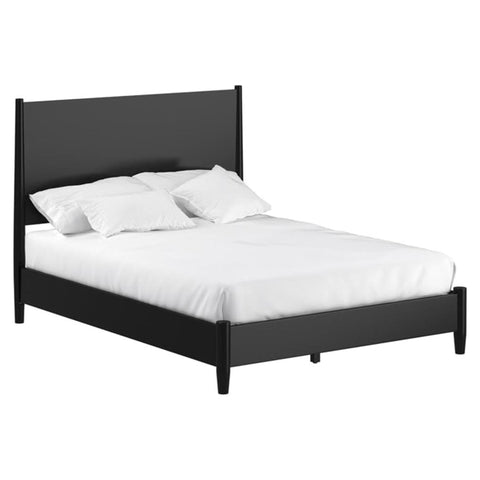 Oakestry Flynn Queen Bed Black Solid Wood Platform Frame Slatted Base No Box Spring Required Mid Century Modern Design Clean Lines Durable Build Angled Legs Easy Assembly Sleek Bedroom Furniture Piece