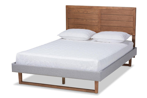 Baxton Studio Claudia Rustic Modern Light Grey Fabric Upholstered and Walnut Brown Finished Wood Full Size Platform Bed