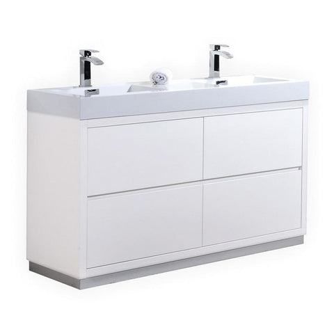 Kubebath Bliss 60" Double Sink High Gloss White Free Standing Modern Bathroom Vanity