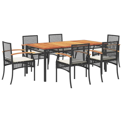 vidaXL 7-Piece Patio Dining Set with Cushions - Black Poly Rattan and Acacia Wood for Garden, Backyard, or Outdoor Use