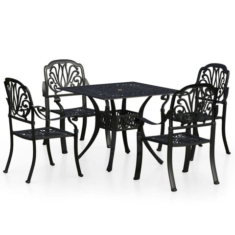 vidaXL Bistro Set - 5 Pieces | Sturdy Cast Aluminum Material | Black | Comfortable Outdoor Seating | Includes 4 Garden Chairs and 1 Table with Umbrella Hole for Protection Against Weather Elements