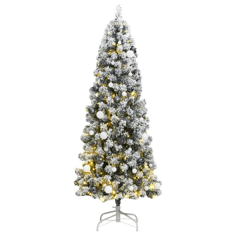 vidaXL Artificial Hinged Christmas Tree with 300 LEDs & Ball Set - 82.7" Green and White, Decorated with Flocked Snow & Three Different Sized Balls