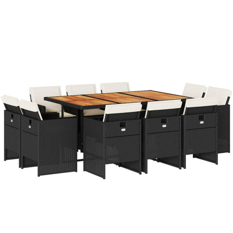 vidaXL Patio Dining Set - 11 Piece Outdoor Garden Furniture - Black Poly Rattan w/Cushions & Acacia Wood Table - Foldable Storage