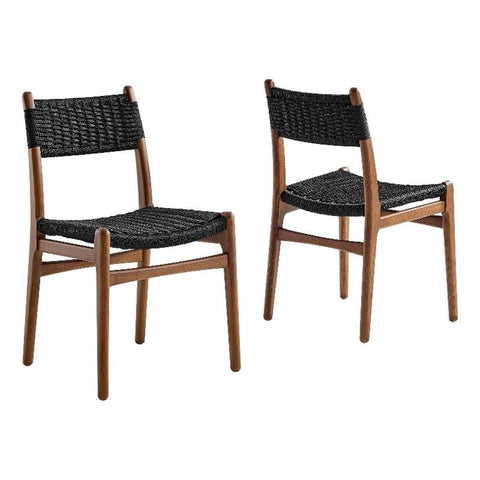 Modway Wynn Wood and Rope Dining Side Chairs Set of 2 in Walnut Black - Armless Kitchen Table Chairs - Modern Mid-Century Accent Chairs for Living Room, Reception Area, Office