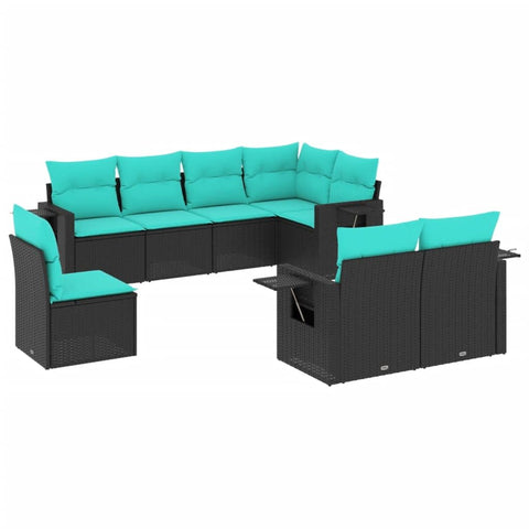 vidaXL Patio Sofa Set with Cushions - 8 Piece Black PE Rattan - Outdoor Garden Furniture for Backyard, Terrace, Patio - Modular Design, Weather Resistant, with Foldable Side Tables - Blue Cushions