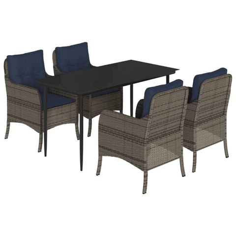 vidaXL 5-Piece Patio Dining Set - Gray Poly Rattan with Navy Blue Cushions, Tempered Glass Table, and Powder-Coated Steel Frame