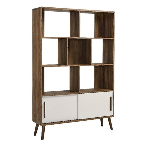 Modway Transmit 8 Shelf Bookcase with Sliding Doors in Walnut Linen - 45 Inch Wood Mid-Century Modern Bookshelf - 4 Tier Tall Open Display Storage Cabinet for Living Room, Office, Hallway