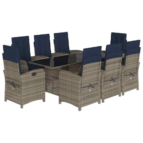 vidaXL 7-Piece Patio Dining Set - Gray Poly Rattan with Navy Blue Cushions, Adjustable Reclining Chairs, Tempered Glass Top Table for Garden/Outdoor