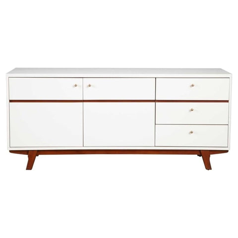 Oakestry Alpine Furniture Dakota Wooden TV Console White Mahogany Solids Veneer Gold Hardware Fully Assembled Cable Management Felt?Lined Drawer 64.5?inch Entertainment Center Modern Rustic