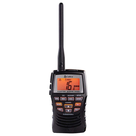Cobra VHF Marine Radio - MR HH150 FLT - 3 Watt, Floating, Long Range, Handheld, NOAA, International, Waterproof, Submersible, Weather Alerts, LCD Screen, Belt Clip