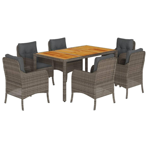 vidaXL 7 Piece Patio Dining Set with Cushions â€“ Gray Poly Rattan and Acacia Wood, Outdoor Garden, Backyard and Patio Furniture