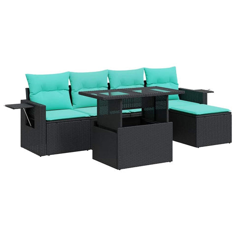 vidaXL 6 Piece Patio Sofa Set with Cushions Black Poly Rattan Acacia, Garden Sofa Set, Garden Lounge Set, Poly Rattan Sofa Set, Outdoor Sofa Set