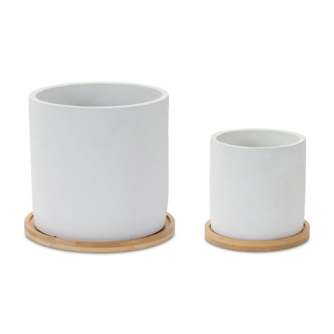Melrose Stone Planter with Wooden Plates - 6.5" - White and Brown - Set of 2