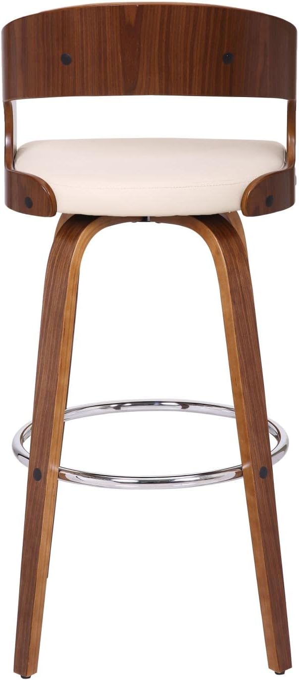 Armen Living Shelly Contemporary 30" Bar Height Swivel Barstool in Walnut Wood Finish and Cream Faux Leather