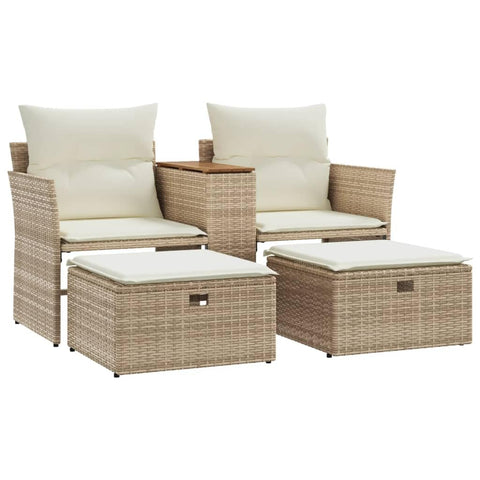 vidaXL Beige Poly Rattan 2-Seater Patio Sofa with Stools - Outdoor Loveseat Bench, Integrated Table, Washable Cushion Covers
