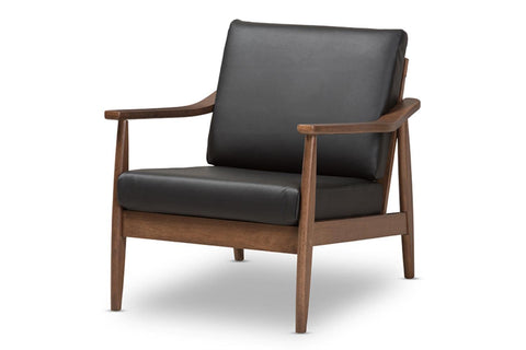 Baxton Studio Venza Mid-Century Modern Walnut Wood Black Faux Leather Lounge Chair/Mid-Century/Black/Walnut Brown/Faux Leather/Rubber Wood