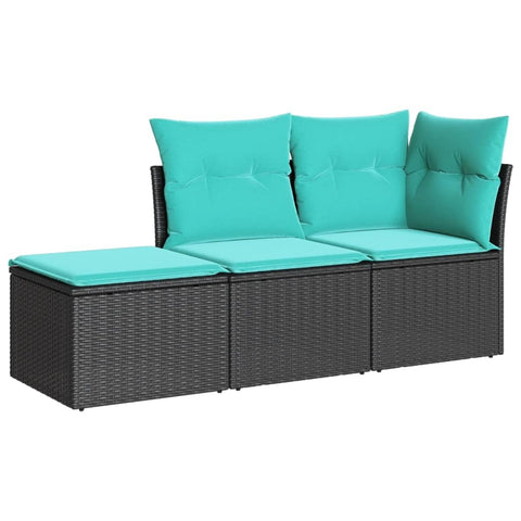 vidaXL Patio Sofa Set with Cushions, 3 Piece Poly Rattan Outdoor Furniture, Black and Blue, Modular Garden Seating, Weather-, Easy Wash Covers, Home Lounge Set