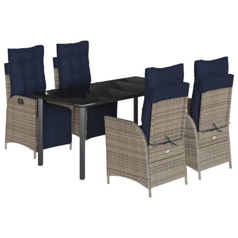 vidaXL 5-Piece Outdoor Patio Dining Set-Gray Poly Rattan Reclining Chairs, Tempered Glass Table, Adjustable Backrest/Footrest, Navy Blue Cushions