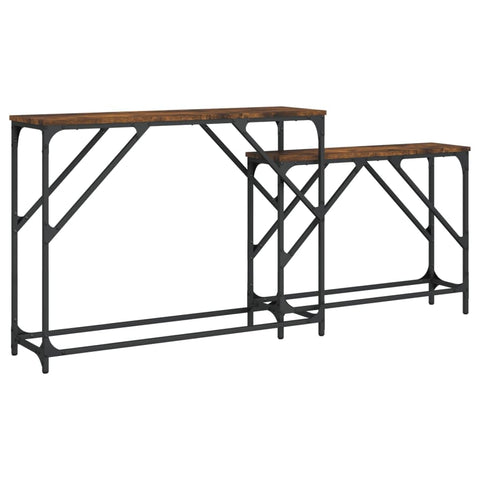 vidaXL Set of 2 Console Tables - Smoked Oak Engineered Wood, Modern Nesting Design, Living Room Furniture with Industrial Metal Frame - Versatile Entryway/Hall Tables in Brown Color