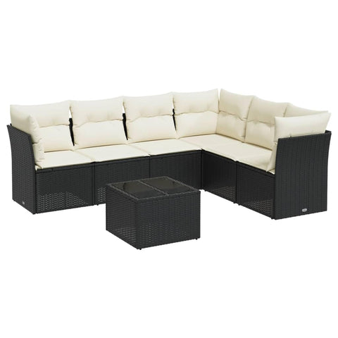 vidaXL Patio Sofa Set with Cushions 7 Piece, Sectional Sofa with Glass Table, Outdoor Conversation Set, Modern Style, Black Poly Rattan