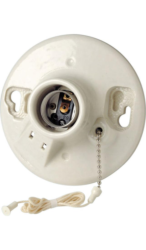 Leviton One-Piece Glazed Porcelain Outlet Box Mount, Incandescent Lampholder, Pull Chain, 2 Wire Outlet, Side Wired, 9716-C, White