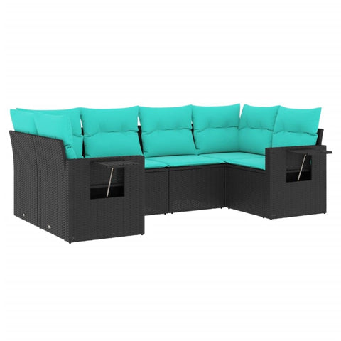vidaXL 6 Piece Patio Sofa Set with Cushions - Black Poly Rattan Outdoor Garden Furniture - UV-Resistant Modular Design, Foldable Tables, Removable Covers, Blue Cushions