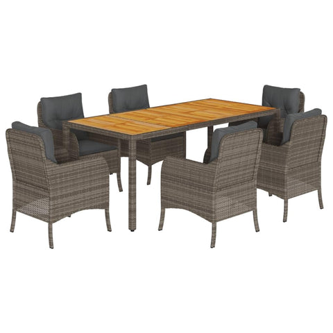 vidaXL 7 Piece Grey Garden Dining Set with Cushions | Outdoor Table Chairs Comfortable Rattan Furniture for 6 People Powder Coated Steel Frame Ideal Balcony and Patio Poly Seater Modern
