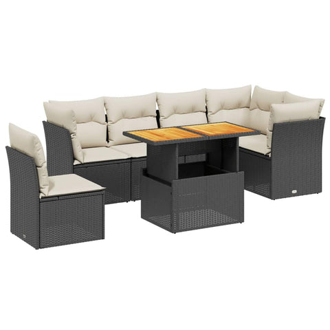 vidaXL 7 Piece Garden Sofa Set with Cushions Modular Design Black PE Rattan Outdoor Patio Furniture Complete Cushion Seating Dining Acacia Wood Table Lounge Conversation Poly Sectional for Backyard