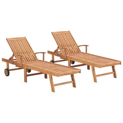 vidaXL Solid Teak Wood Sun Loungers, Set of 2 - Adjustable Outdoor Garden Lounge Chairs with Wheel Design - Brown
