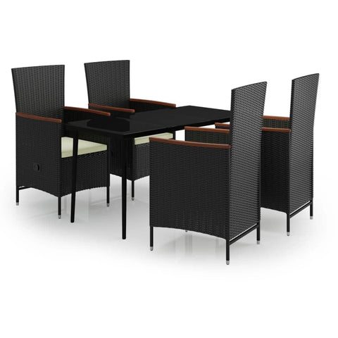 vidaXL 5 Piece Garden Dining Set with Cushions Black | Outdoor Table and Chairs Adjustable Multi Position Backrest Easy Clean Removable Covers Weather Resistant PE Rattan Furniture