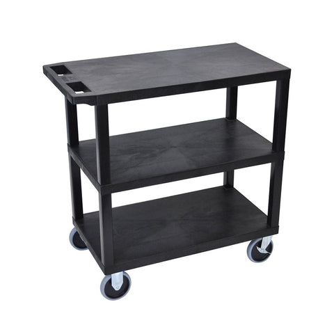 LUXOR EC222HD-B 32" x 18" Cart - Three Flat Shelves, Multipurpose Utility Cart, Four 5" Casters, Two Fixed Non-Locking Casters, Two Full-Swivel Casters with Locking Brake