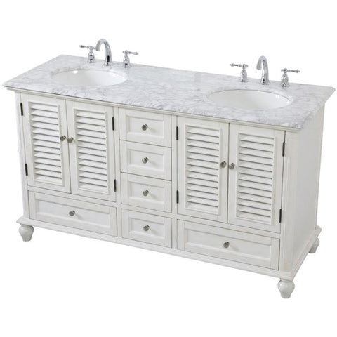 Elegant Decor Rhodes 60" Double Marble Top Bathroom Vanity in Antique White