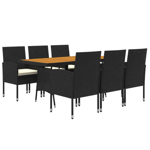 vidaXL 7-Piece Black Poly Rattan Patio Dining Set - Elegantly Designed for Outdoor Dining and Lounging, Waterproof Material with Steel Frame and Acacia Wood Tabletop - Includes Cream White Cushions.