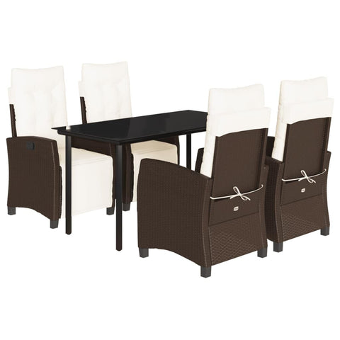 vidaXL 5-Piece Patio Dining Set with Cushions - Brown Poly Rattan Chairs, Adjustable Backrest and Footrest, Tempered Glass Tabletop for Outdoor Garden, Backyard, Deck Use