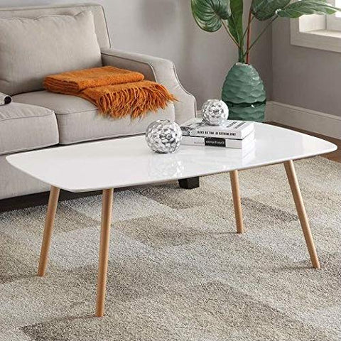 FastFurnishings White Top Mid-Century Coffee Table with Solid Wood Legs