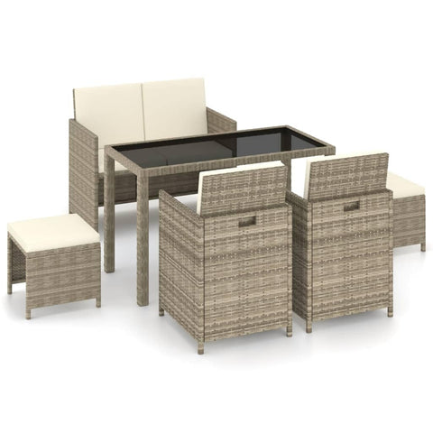 vidaXL Poly Rattan 6 Piece Patio Dining Set - Weather- with Cushions and Glass-Top Table, Beige