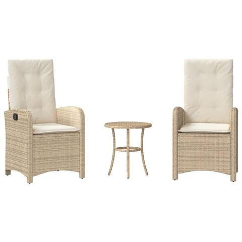 vidaXL 3 Piece Bistro Set - Beige Poly Rattan with Cushions, Adjustable Reclining Garden Chairs, Washable Covers, Powder-Coated Steel Frame for Outdoor, Patio, and Garden Comfort
