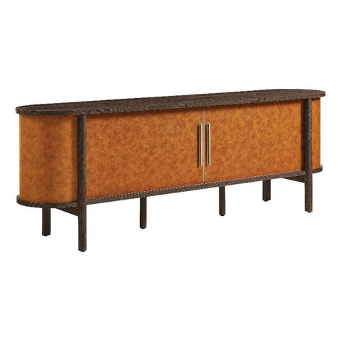 Modway Coralie 71 Inch Oval Leather TV Stand in Walnut Tan – Vintage Mid Century Modern Entertainment Center with Sliding Doors – Low-Profile Media Console