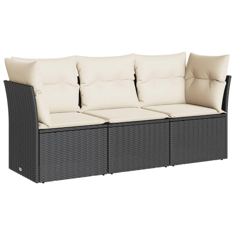 vidaXL Patio Sofa Set with Cushions 3 Piece, Outdoor Conversation Set, Sectional Sofa for Balcony Garden, Modern Style, Black Poly Rattan