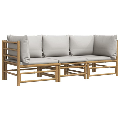vidaXL Bamboo 3 Piece Patio Lounge Set with Light Gray Cushions - Farmhouse Style Outdoor Garden Seating Furniture