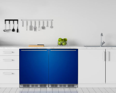 ADA height 24 refrigerator-freezer for residential use with cobalt blue door stainless steel handle and black cabinet