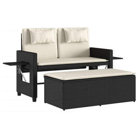vidaXL Reclining Patio Bench/Sofa Bed with Cushions - Outdoor Furniture Black Poly Rattan - Adjustable, Convertible, with Side Tables