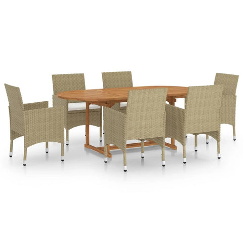 vidaXL Patio Dining Set - 7 Piece Outdoor Furniture - Beige Poly Rattan Chairs with Cushions - Solid Acacia Wood Table - Suitable for Garden, Patio, Deck - Comfortable and Durable