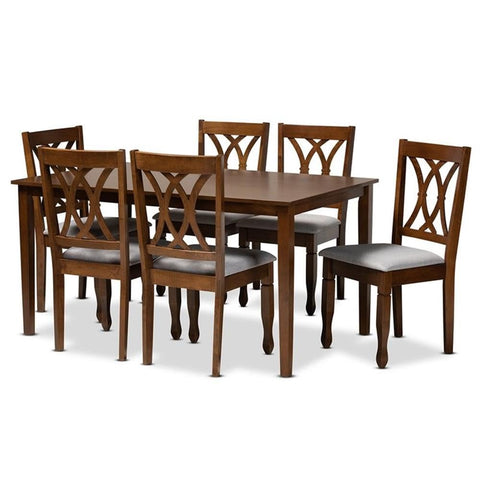 Baxton Studio Augustine Grey Upholstered Walnut Finished 7-Piece Dining Set