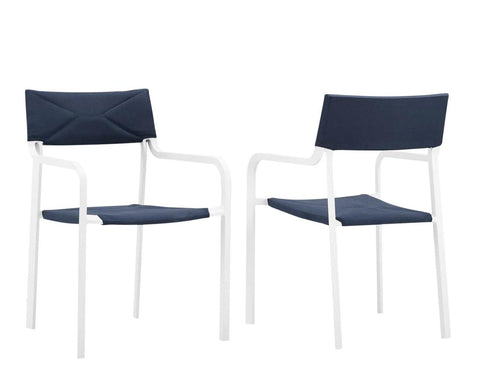 Modway Raleigh 34" Modern Fabric Outdoor Patio Armchair in White/Navy (Set of 2)