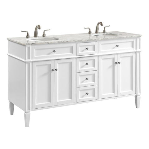 Elegant Kitchen and Bath 60 inch Double Bathroom Vanity Cabinet Set with White Marble Countertop - White