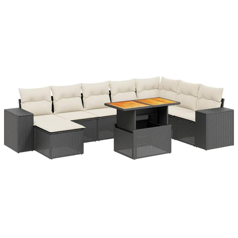 vidaXL 9 Piece Garden Sofa Set with Cushions Black & Cream Outdoor Modular Lounge Furniture Poly Rattan Acacia Wood Stylish Comfort for Patio Terrace Sectional Conversation Large Seating