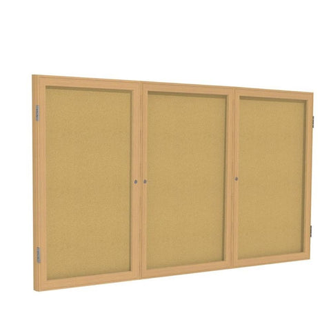 Ghent 4" x 8" 3-Door indoor Enclosed Bulletin Board, Shatter Resistant, with Lock, Wood Frame Oak Finish- Natural Cork (PW348K) Malde in the USA