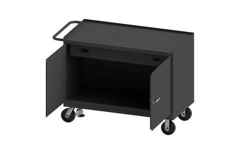 Mobile Bench Cabinet With 6 Inch X 2 Inch Phenolic Casters (2) Rigid And (2) Swivel 1 Shelf 1 Drawer And 2 Doors Steel Top Work Surface And Floor Lock With Tubular Push Handle Gray