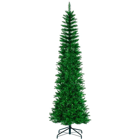Vickerman 6.5' x 28 Green Tinsel Pencil Artificial Unlit Christmas Tree. It Measures 78 inches Tall, and 28 inches Wide, which is considered a Pencil Profile.